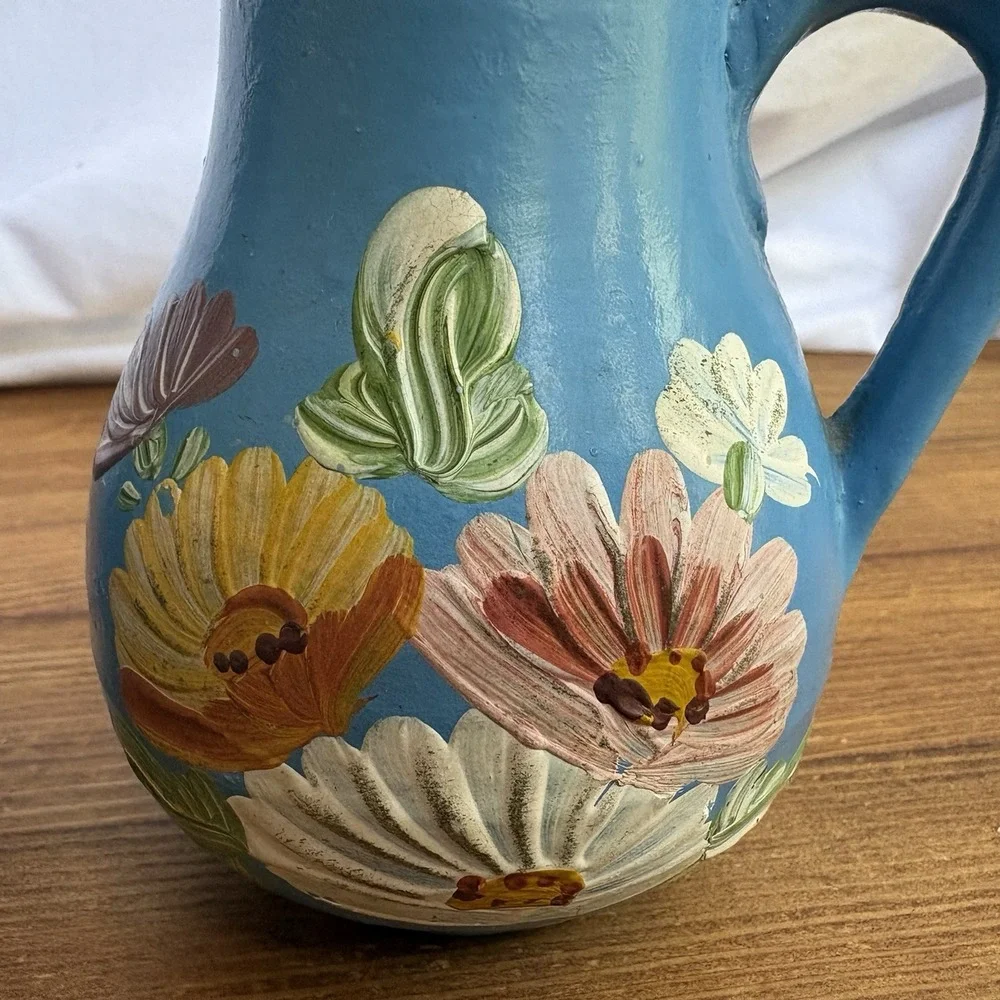 Vintage Ransburg Pottery Blue Floral Hand Painted Salt Pepper Shakers MCM